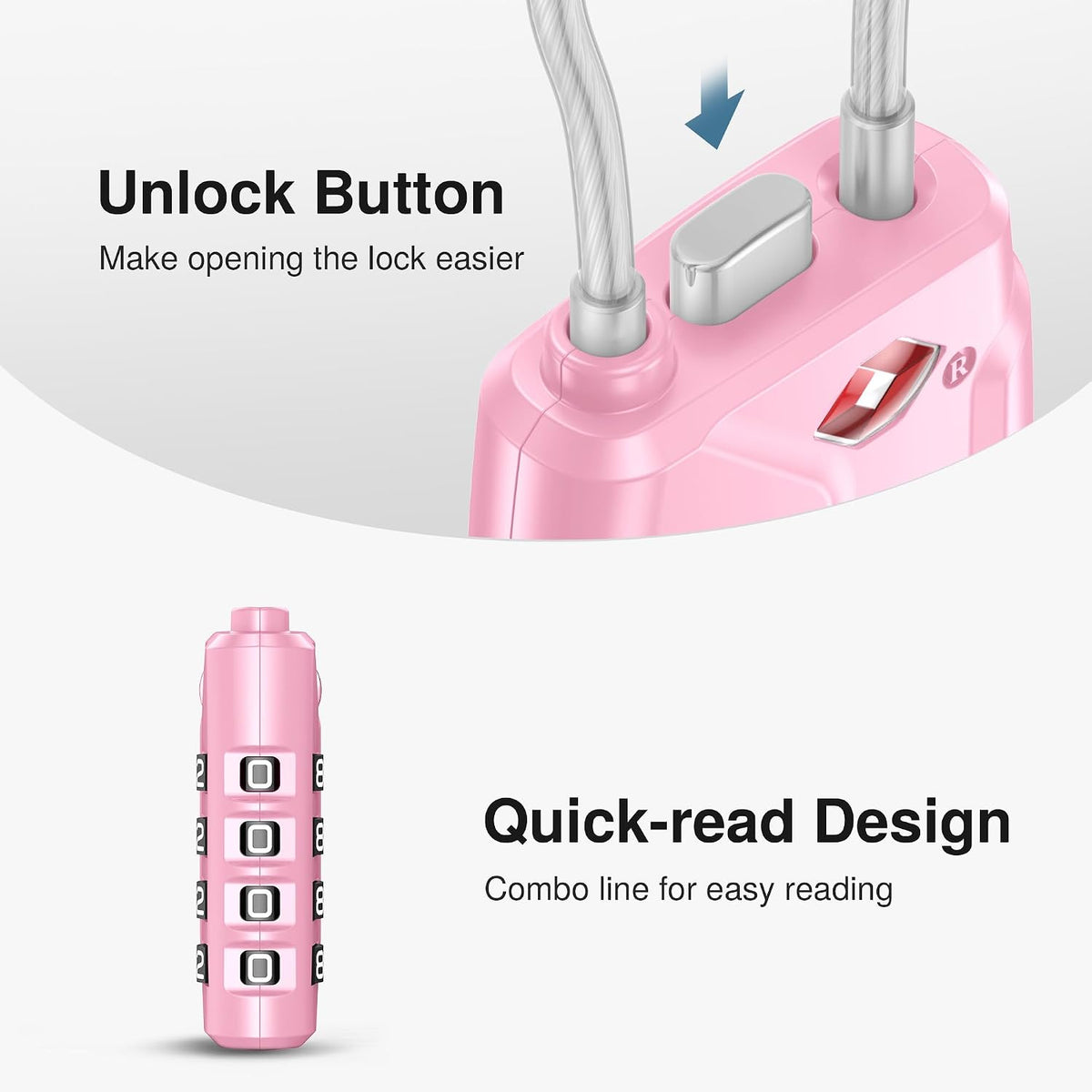 Puroma 2 Pack TSA Approved Luggage Locks 4 Digit Code Cable Lock Basic Pink