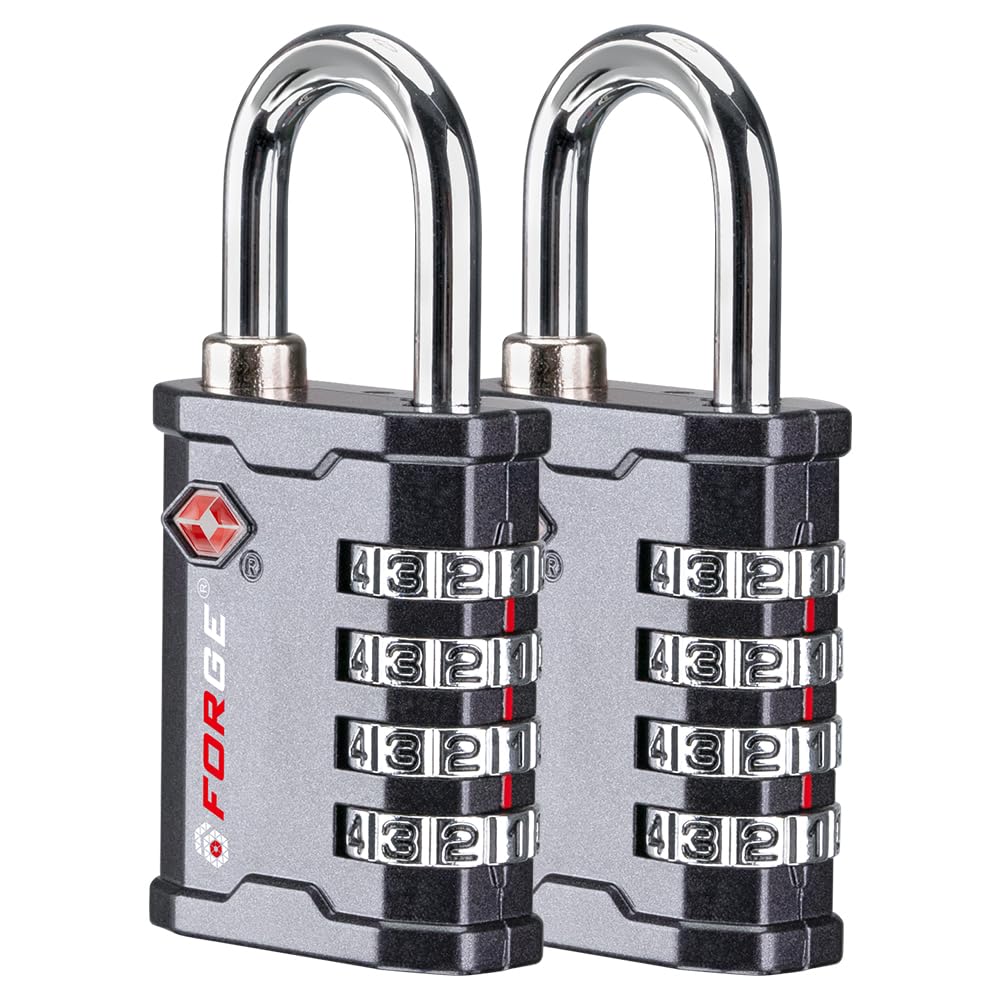 Forge 4-Digit TSA Approved Travel Locks – Heavy-Duty Combination Padlock for Travel, Gym, Pelican Case. Black 2-Pack.
