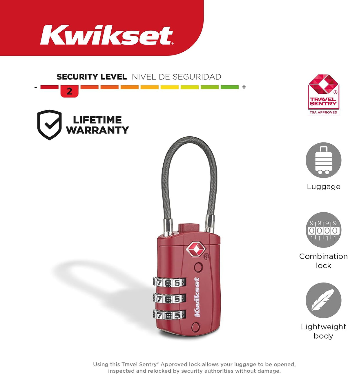 Kwikset TSA Approved Combination Luggage Lock with Cable, 1-Pack, Red