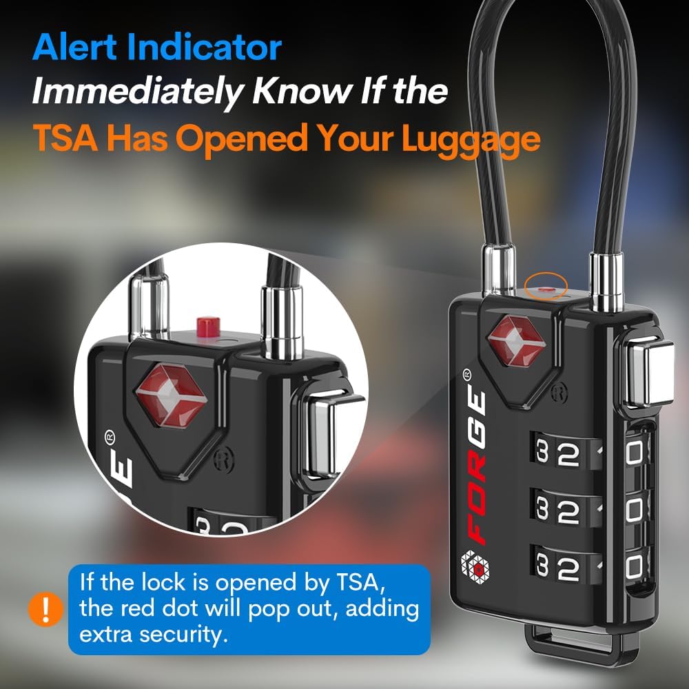 Forge TSA Approved Luggage Locks, Open Alert Cable Lock, Black, 4 Pack