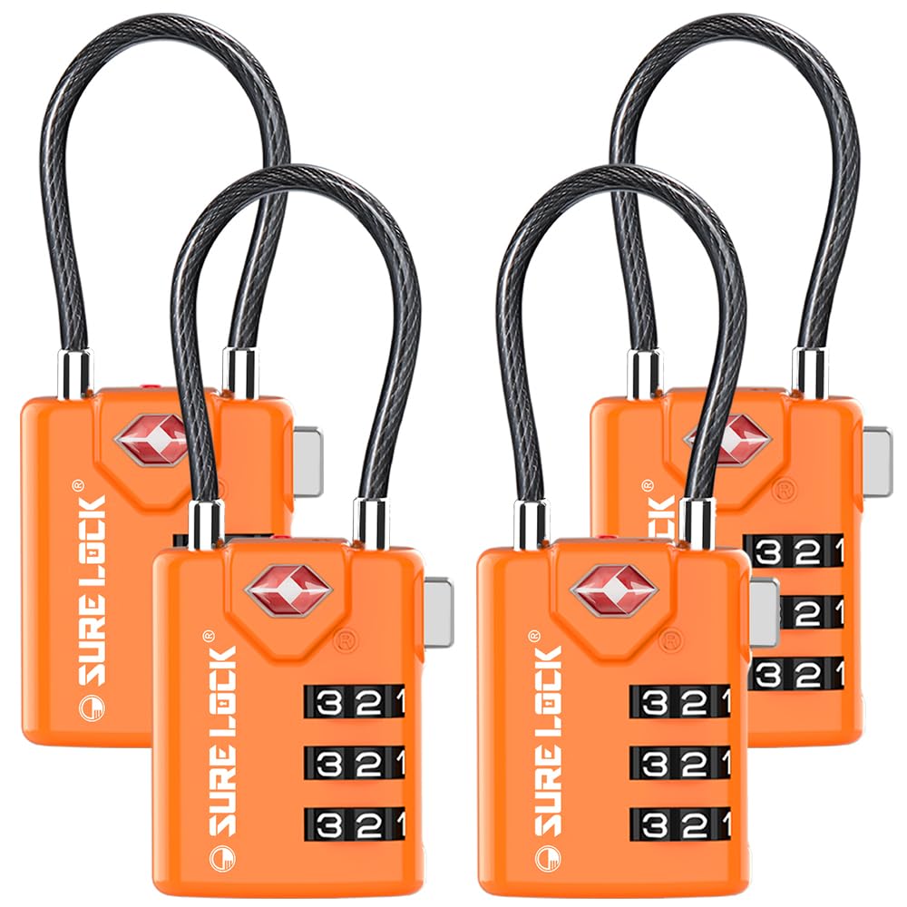 SURE LOCK TSA Approved Luggage Locks with Open Alert Indicator, 3 Digit Combination Cable Travel Lock for Suitcase, Backpack, Gym Locker, Toolbox & Travel Bag(2, Purple 2 Pack)