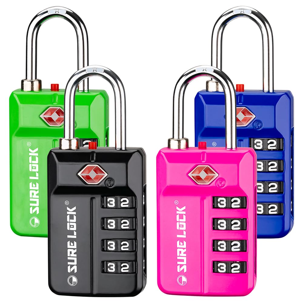 SURE LOCK TSA Approved 4-Digit Resettable Combination Luggage Locks with Open Alert, Easy-Read Dials - for Luggage, School Lockers, Gym, Office, Toolbox & Security Cases(Green 2 Pack)