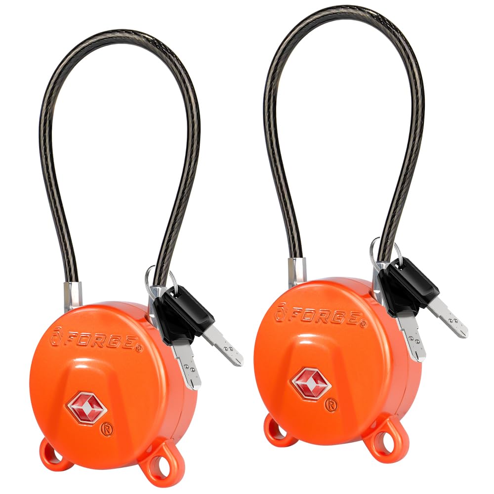 FORGE TSA Approved Key Luggage Locks, Keyed Alike, TSA006 Dimple Key Cable Locks. Black 2 Pack.