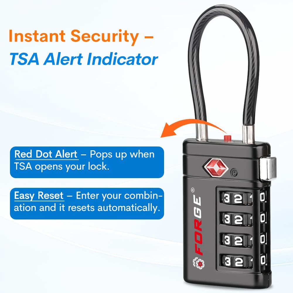 Forge Open Alert TSA Approved Luggage Locks, Black, 2 Pack Locks.