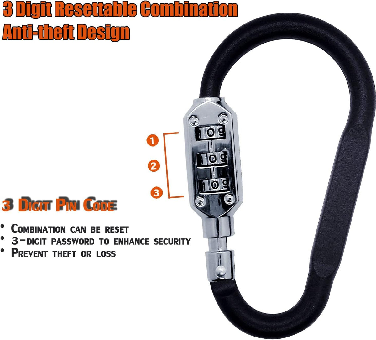 Combination Carabiner Clips,V-Resourcing Resettable 3 Dial Digit Combination Lock Carabiner Keychain,for Suitcase Luggage Travel Baggage Backpack (D Shaped, Large Size, Black, 2 Pack)