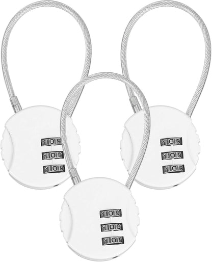 M METERXITY 3-Pack Combination Locker Lock, 3 Digit Round Shaped Padlock Gym Locks with Cable for Luggage/Suitcase/Backpack Zipper/Outdoor, Small Combo Lock [White]