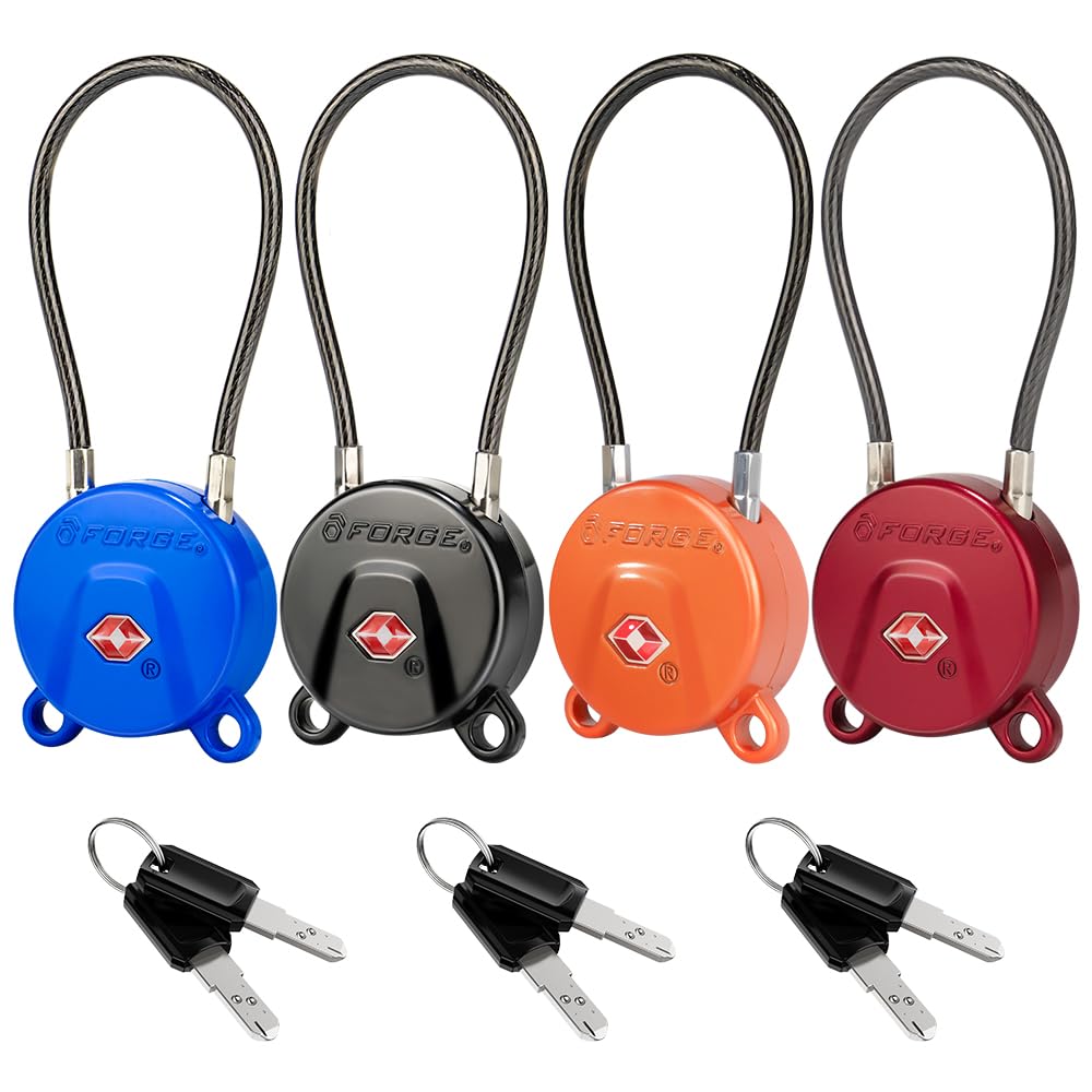 FORGE TSA Approved Key Luggage Locks, Keyed Alike, TSA006 Dimple Key Cable Locks. Black 2 Pack.