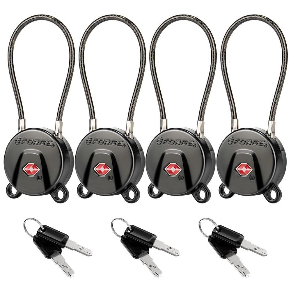 FORGE TSA Approved Key Luggage Locks, Keyed Alike, TSA006 Dimple Key Cable Locks. Black 2 Pack.