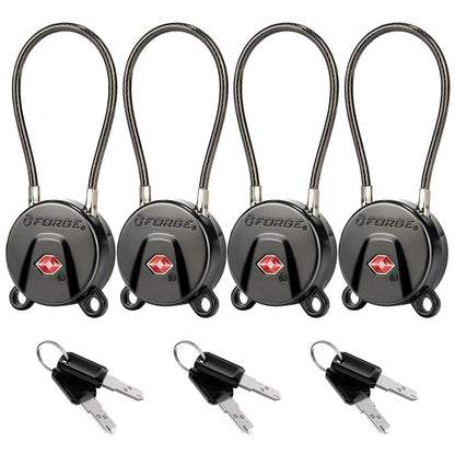FORGE TSA Approved Key Luggage Locks, Keyed Alike, TSA006 Dimple Key Cable Locks. Black 2 Pack.