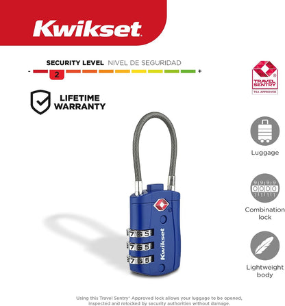 Kwikset TSA Approved Combination Luggage Lock with Cable, 1-Pack, Blue
