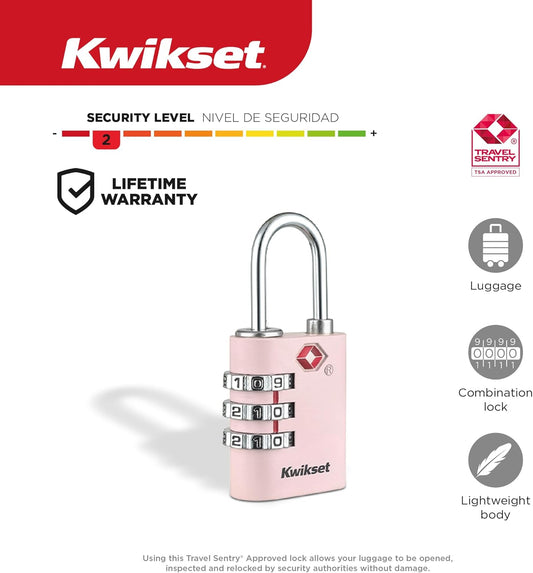 Kwikset TSA Approved Combination Luggage Lock, 3-Digit, 2-Pack, Black, Pink