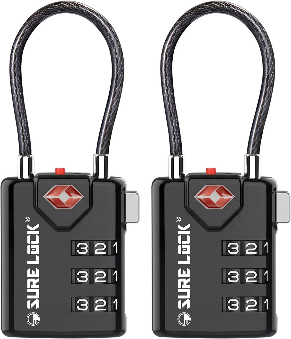 SURE LOCK TSA Approved Luggage Locks with Open Alert Indicator, 3 Digit Combination Cable Travel Lock for Suitcase, Backpack & Travel Bag, 2 Pack Black