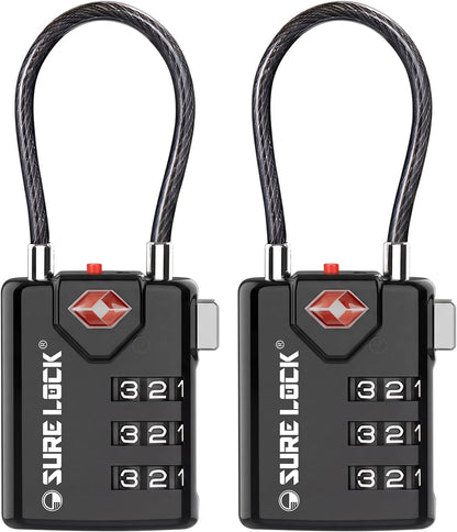 SURE LOCK TSA Approved Luggage Locks with Open Alert Indicator, 3 Digit Combination Cable Travel Lock for Suitcase, Backpack & Travel Bag, 2 Pack Black
