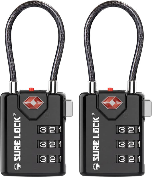 SURE LOCK TSA Approved Luggage Locks with Open Alert Indicator, 3 Digit Combination Cable Travel Lock for Suitcase, Backpack & Travel Bag, 2 Pack Black