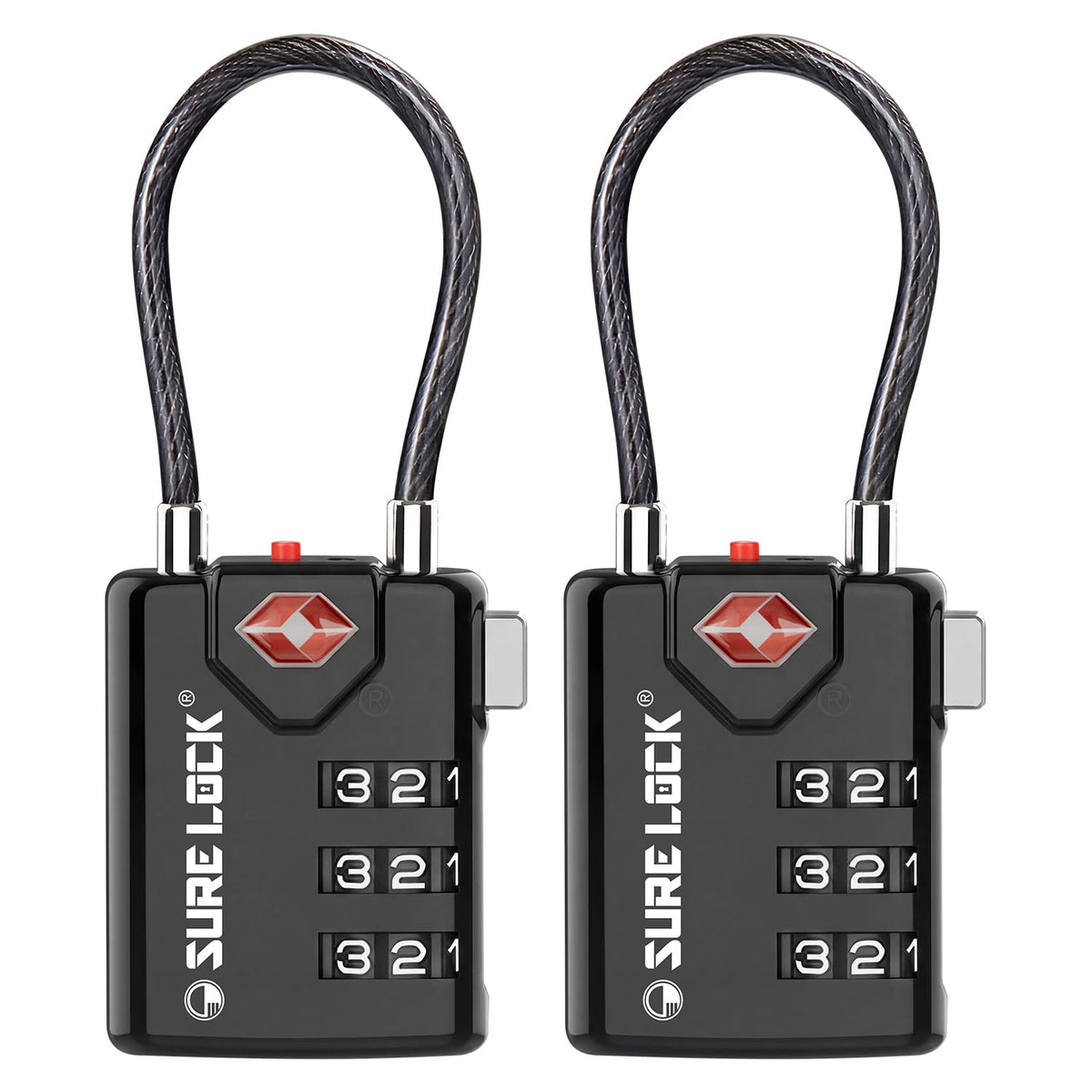 SURE LOCK TSA Approved Luggage Locks with Open Alert Indicator, 3 Digit Combination Cable Travel Lock for Suitcase, Backpack, Gym Locker, Toolbox & Travel Bag(2, Purple 2 Pack)