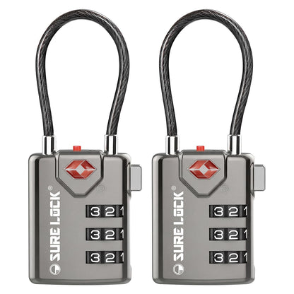 SURE LOCK TSA Approved Luggage Locks with Open Alert Indicator, 3 Digit Combination Cable Travel Lock for Suitcase, Backpack, Gym Locker, Toolbox & Travel Bag(2, Purple 2 Pack)