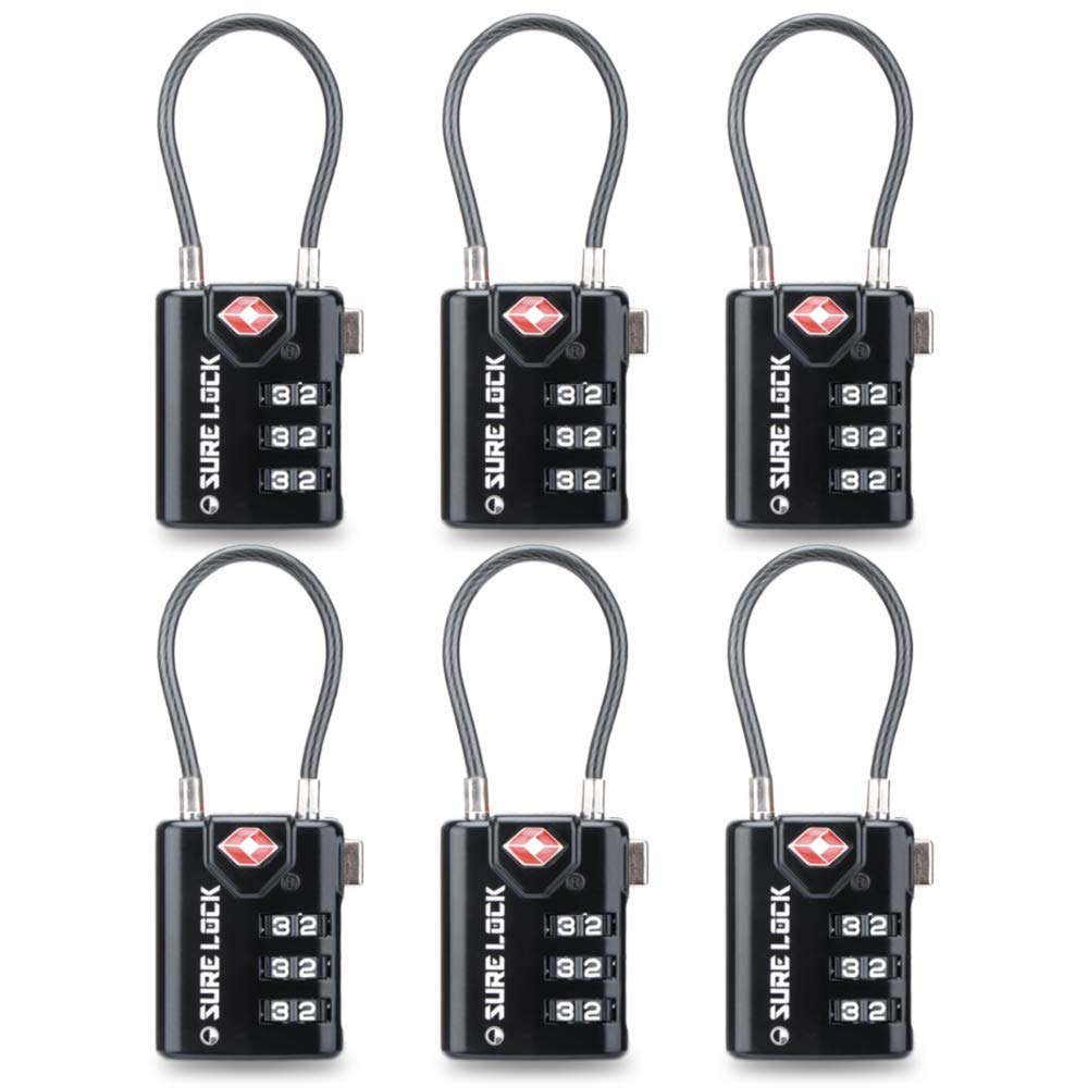 SURE LOCK TSA Approved Luggage Locks with Open Alert Indicator, 3 Digit Combination Cable Travel Lock for Suitcase, Backpack & Travel Bag, 2 Pack Black