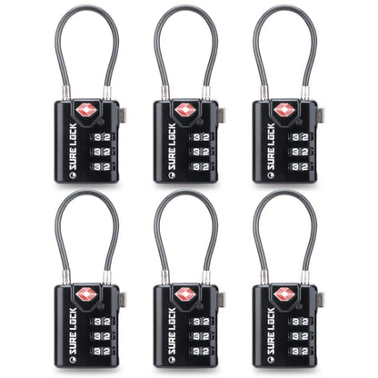 SURE LOCK TSA Approved Luggage Locks with Open Alert Indicator, 3 Digit Combination Cable Travel Lock for Suitcase, Backpack & Travel Bag, 2 Pack Black