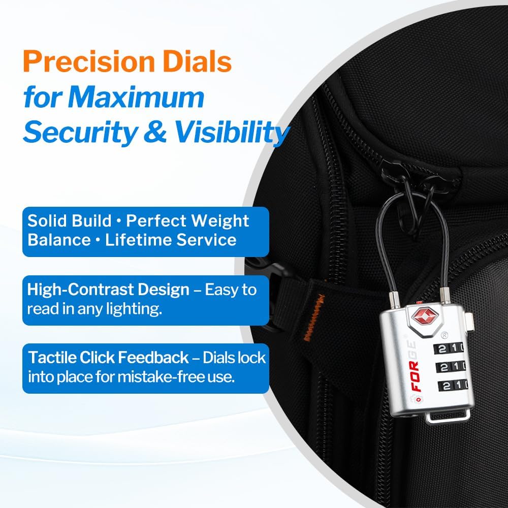Forge TSA Approved Luggage Locks, Open Alert Cable Lock, 4 Colors, 4 Pack