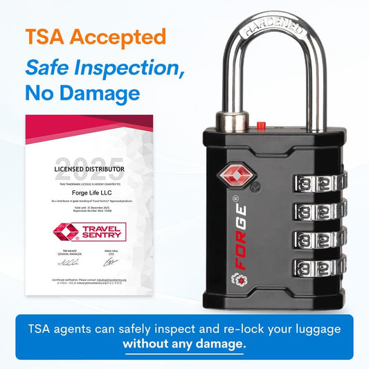 Forge 4-Digit TSA Approved Travel Locks – Heavy-Duty Combination Padlock for Travel, Gym, Pelican Case. Black 2-Pack.
