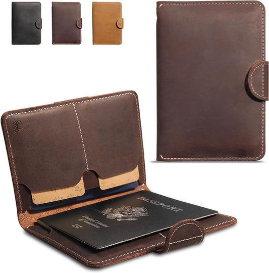 Passport Holder for Travel, Genuine Leather Passport Holder with AirTag Slot, RFID Blocking Passport Cover Travel Wallet for Women Men, Travel Essentials Gifts (Coffee with Hidden AirTag Slot)