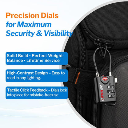 Forge TSA Approved Luggage Locks, Open Alert Cable Lock, Black, 4 Pack