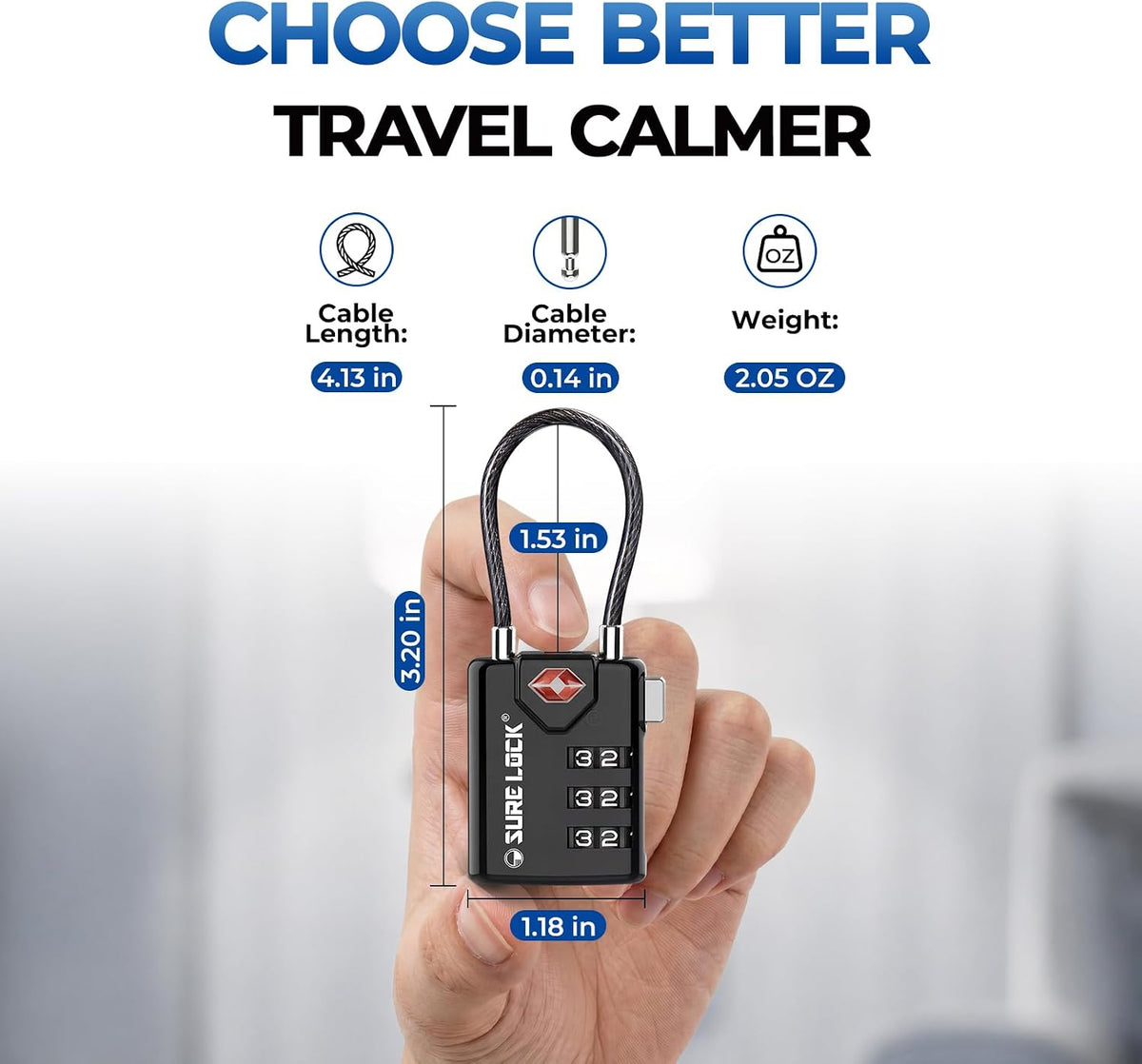 SURE LOCK Open Alert TSA Approved Luggage Locks, 3 Digit Combination Locks for Luggage, Suitcase, Backpack, and More.