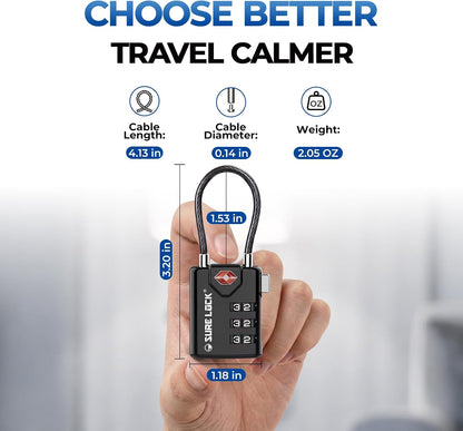 SURE LOCK Open Alert TSA Approved Luggage Locks, 3 Digit Combination Locks for Luggage, Suitcase, Backpack, and More.