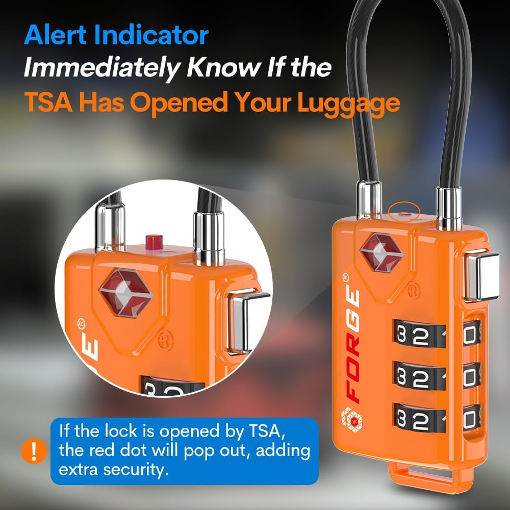 Forge TSA Approved Luggage Locks, Open Alert Cable Lock, Orange, 2 Pack