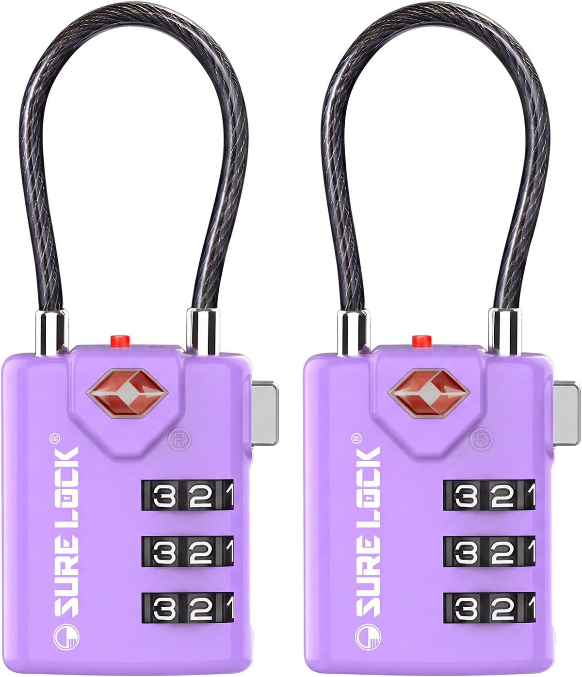 SURE LOCK TSA Approved Luggage Locks with Open Alert Indicator, 3 Digit Combination Cable Travel Lock for Suitcase, Backpack, Gym Locker, Toolbox & Travel Bag(2, Purple 2 Pack)