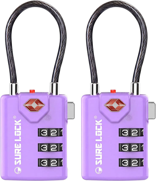 SURE LOCK TSA Approved Luggage Locks with Open Alert Indicator, 3 Digit Combination Cable Travel Lock for Suitcase, Backpack, Gym Locker, Toolbox & Travel Bag(2, Purple 2 Pack)