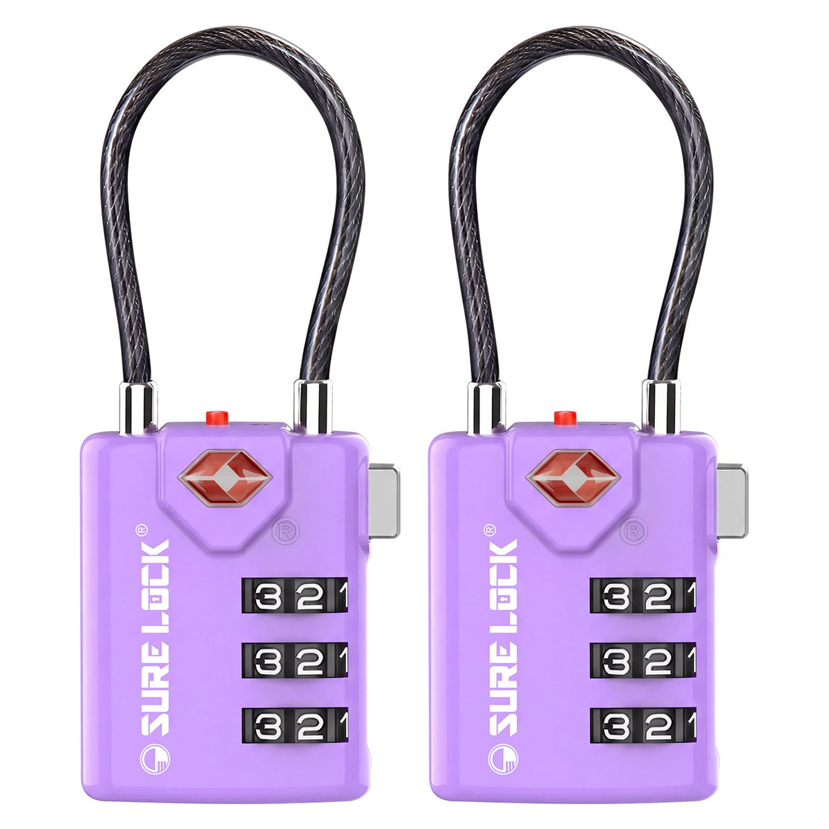 SURE LOCK TSA Approved Luggage Locks with Open Alert Indicator, 3 Digit Combination Cable Travel Lock for Suitcase, Backpack, Gym Locker, Toolbox & Travel Bag(2, Pink 2 Pack)