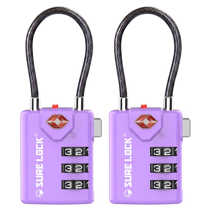 SURE LOCK TSA Approved Luggage Locks with Open Alert Indicator, 3 Digit Combination Cable Travel Lock for Suitcase, Backpack, Gym Locker, Toolbox & Travel Bag(2, Purple 2 Pack)