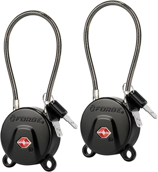 FORGE TSA Approved Key Luggage Locks, Keyed Alike, TSA006 Dimple Key Cable Locks. Black 2 Pack.