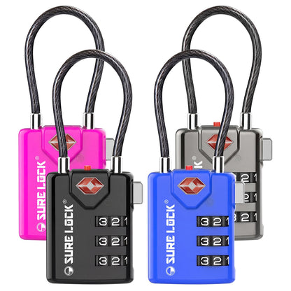 SURE LOCK TSA Approved Luggage Locks with Open Alert Indicator, 3 Digit Combination Cable Travel Lock for Suitcase, Backpack & Travel Bag, 2 Pack Black