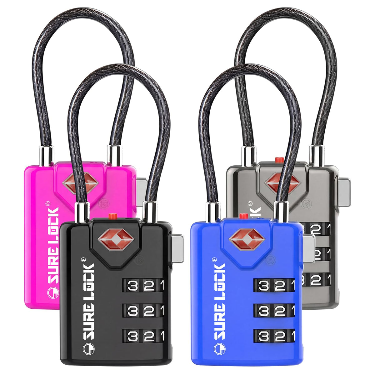 SURE LOCK TSA Approved Luggage Locks with Open Alert Indicator, 3 Digit Combination Cable Travel Lock for Suitcase, Backpack, Gym Locker, Toolbox & Travel Bag(2, Purple 2 Pack)