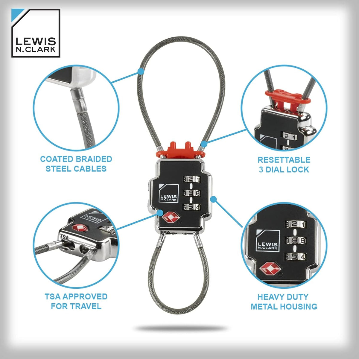 Lewis N Clark Triple Security Lock: TSA Luggage Locks for Suitcases, Carry On, Laptop Bag & More, Set Combination Lock to Create Secure Padlock for Travel, Vacation, Business, or Backpacking, 1 Pack