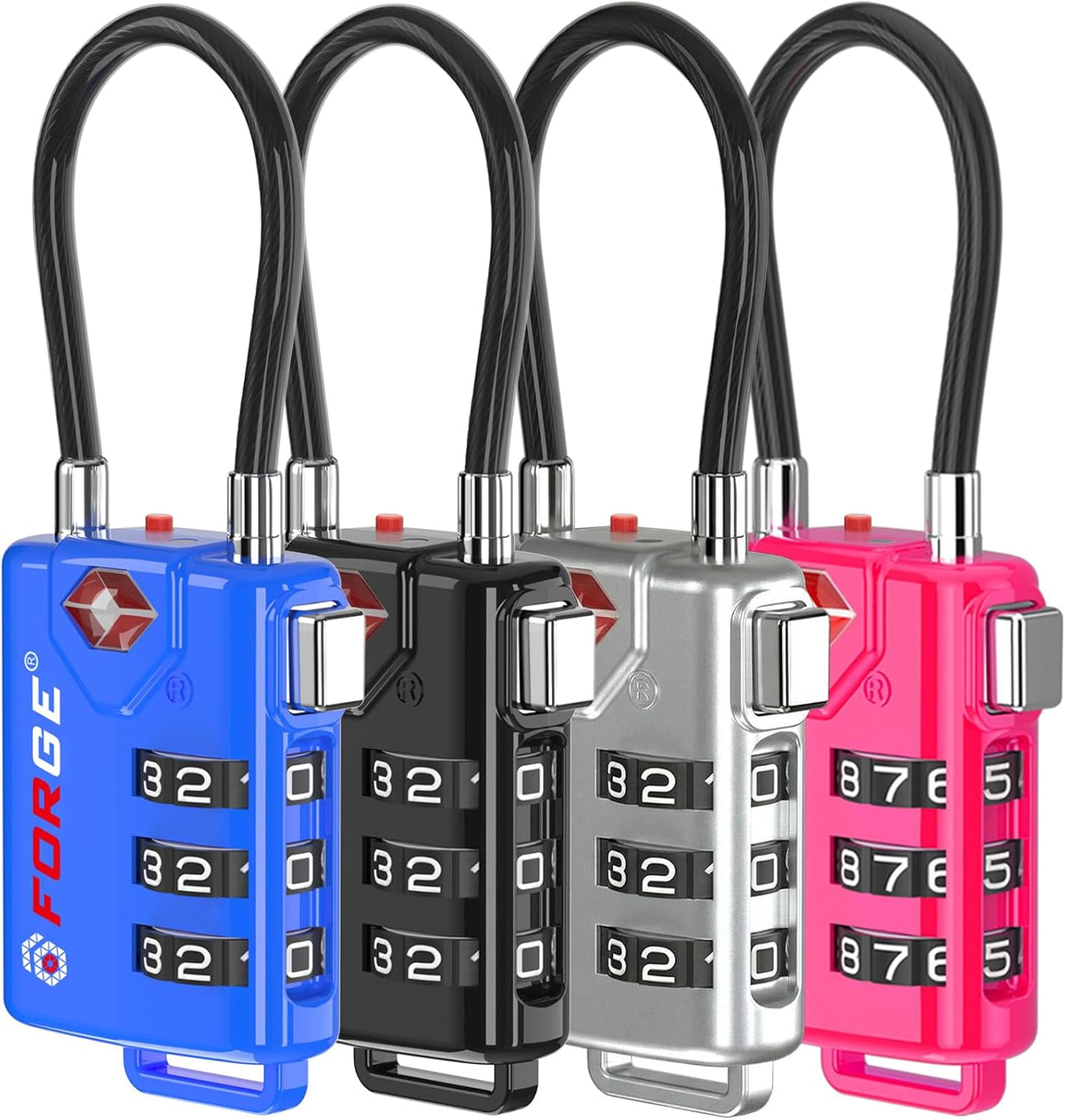Forge TSA Approved Luggage Locks, Open Alert Cable Lock, 4 Colors, 4 Pack