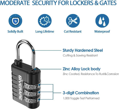 GIVERARE 8 Pack Combination Lock, 3-Digit Padlock Keyless, Resettable Luggage Locks for Backpack, Gym & School & Employee Locker, Weatherproof Travel Lock for Fence, Backyard Gate, Hasp, Case-Black