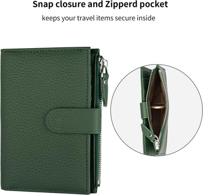 Passport wallet and Card Slot Combo RFID Blocking Leather Travel Passport Wallet for Men and Women with Zippered Coins Pocket Passport holder, Deep Green
