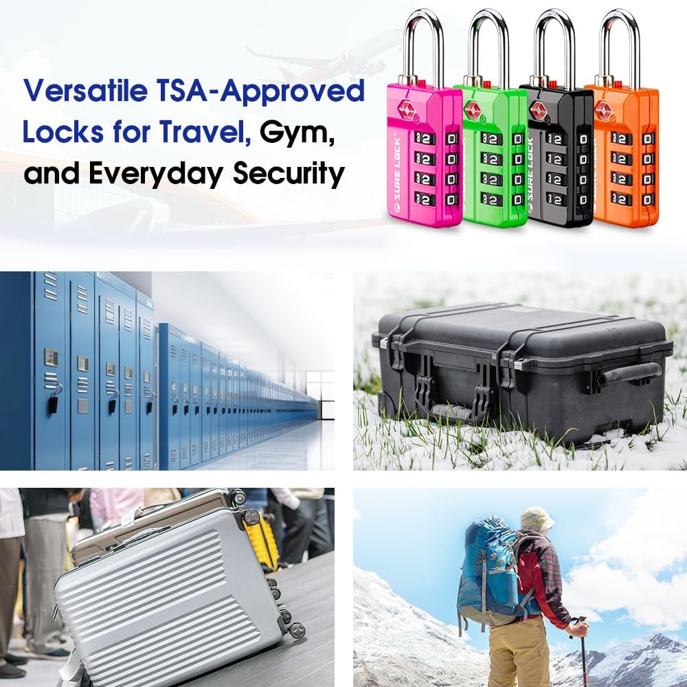 SURE LOCK TSA Approved 4-Digit Resettable Combination Luggage Locks with Open Alert, Easy-Read Dials - for Luggage, School Lockers, Gym, Office, Toolbox & Security Cases(Green 2 Pack)