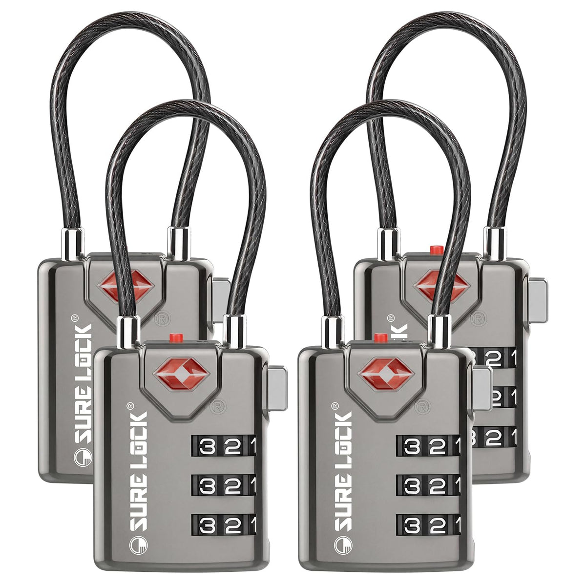 SURE LOCK TSA Approved Luggage Locks with Open Alert Indicator, 3 Digit Combination Cable Travel Lock for Suitcase, Backpack & Travel Bag, 2 Pack Black