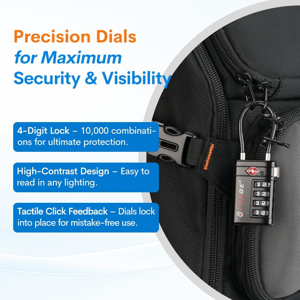 Forge Open Alert TSA Approved Luggage Locks, Black, 2 Pack Locks.