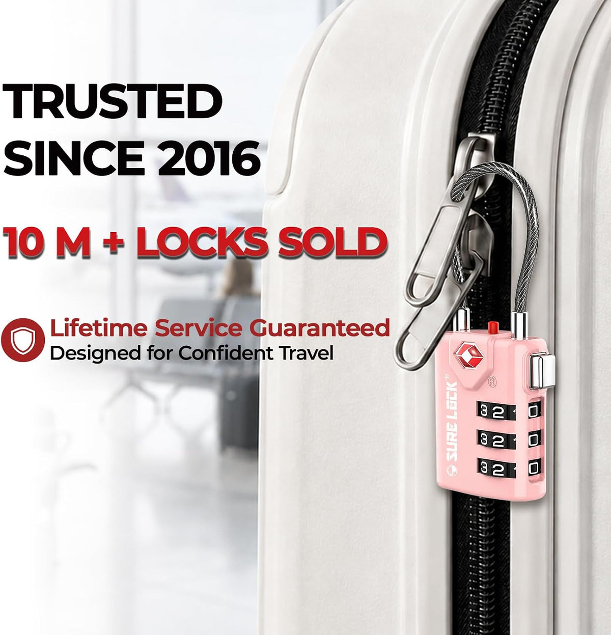 SURE LOCK TSA Approved Luggage Locks with Open Alert Indicator, 3 Digit Combination Cable Travel Lock for Suitcase, Backpack, Gym Locker, Toolbox & Travel Bag(2, Pink 2 Pack)