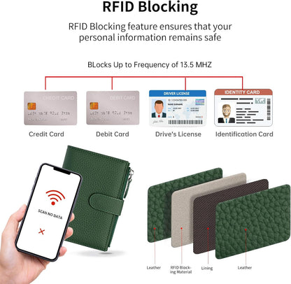 Passport wallet and Card Slot Combo RFID Blocking Leather Travel Passport Wallet for Men and Women with Zippered Coins Pocket Passport holder, Deep Green