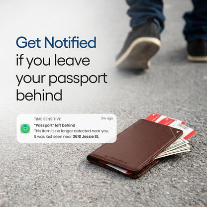 Apple MFi Certified Trackable Passport Holder for Travel (iOS Only) Works with Apple Find My, Rechargeable Passport Cover Air 3-Year Battery Life, Brown RFID Blocking Travel Wallet Gift