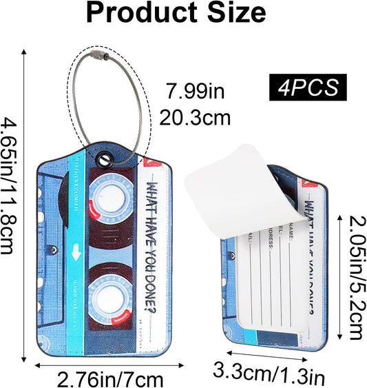 Guduling 4pcs Cassette Tape Luggage Tags for Suitcases Funny, Fun Luggage Tags, Retro Leather Funny Baggage Tag Boarding Pass for Women & Men, Colorful