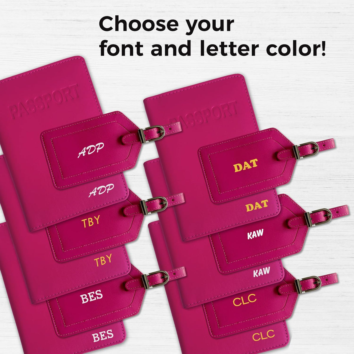 Personalized Monogrammed Bright Pink Leather RFID Passport Cover Holder and Luggage Tag