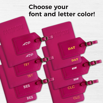Personalized Monogrammed Bright Pink Leather RFID Passport Cover Holder and Luggage Tag