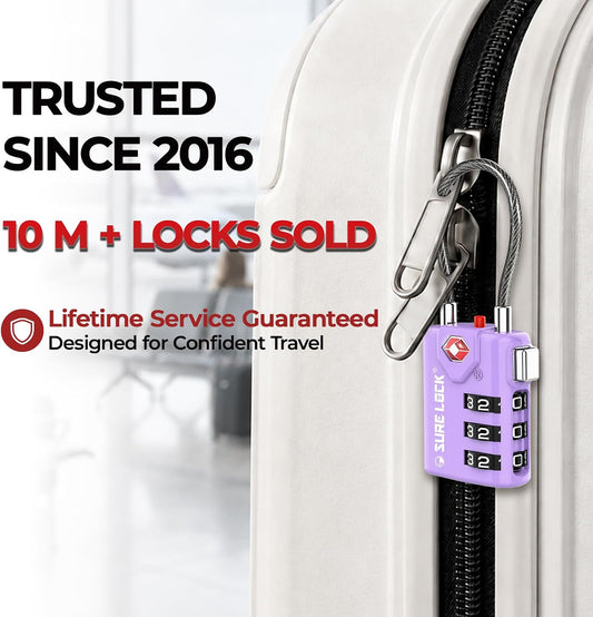 SURE LOCK TSA Approved Luggage Locks with Open Alert Indicator, 3 Digit Combination Cable Travel Lock for Suitcase, Backpack, Gym Locker, Toolbox & Travel Bag(2, Purple 2 Pack)